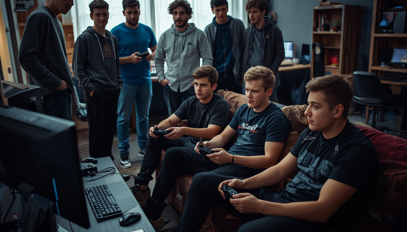 A crew of friends on a big couch playing console together on one screen in the SNUGG party room