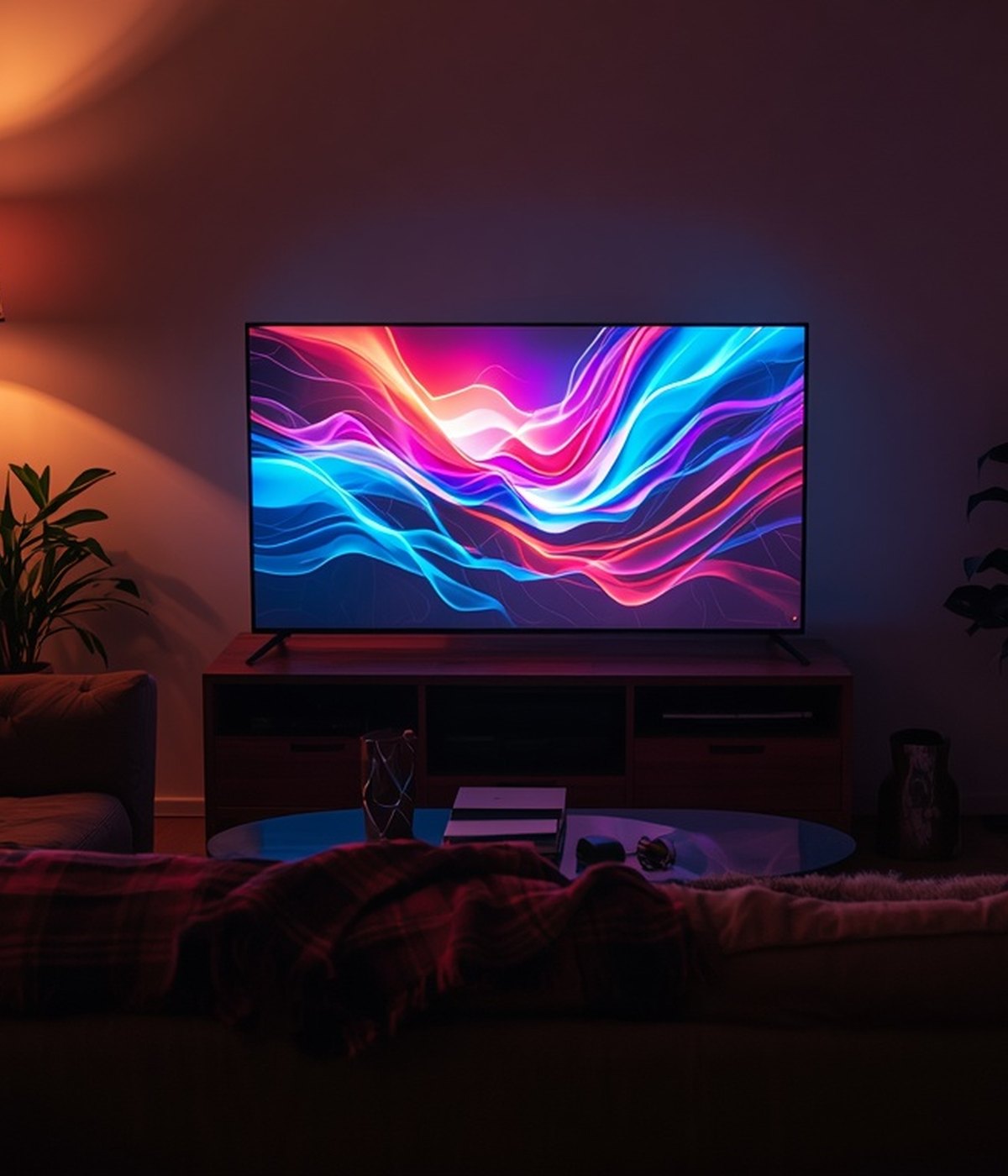 Cozy living-room console lounge with a deep sofa facing a big screen under warm lamp light