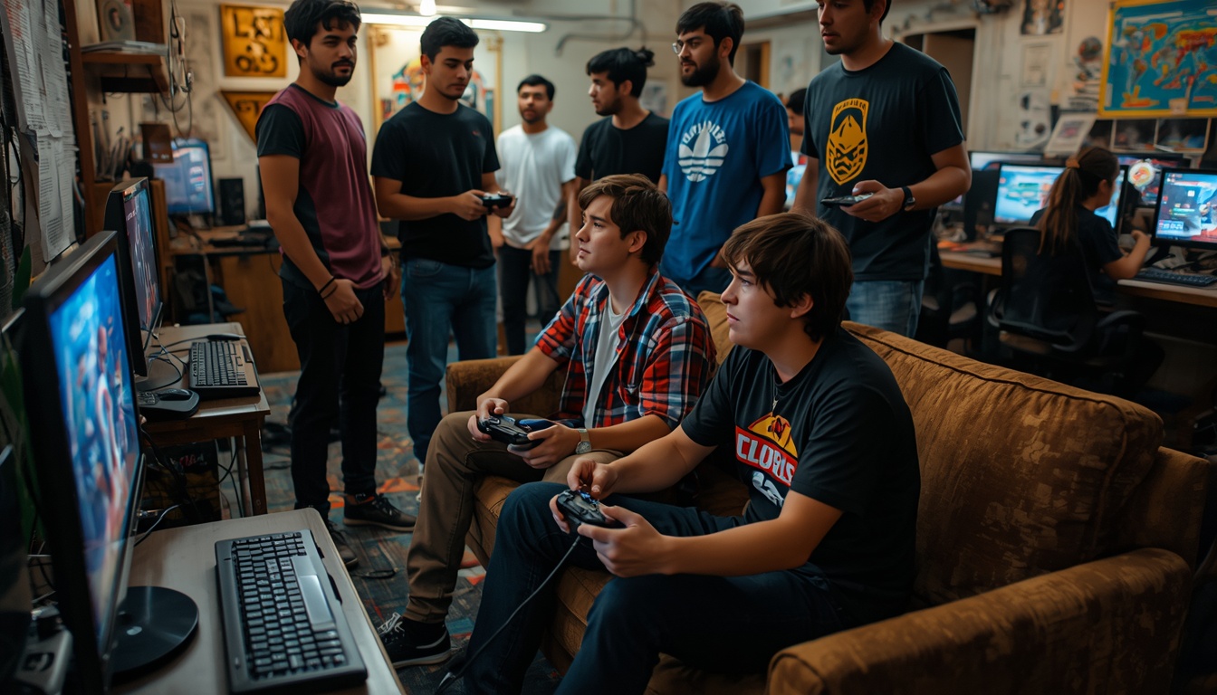 Friends crowded around a couch with controllers cheering on a console match at SNUGG