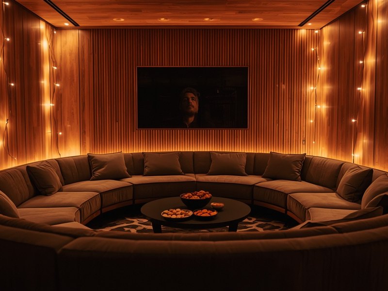 Semi-circular sofa lounge setup for a relaxed console evening with controllers and a blanket